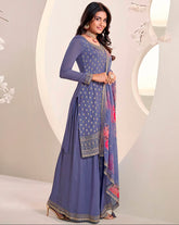 Blue Chinon Embroidered Sharara Suit Set